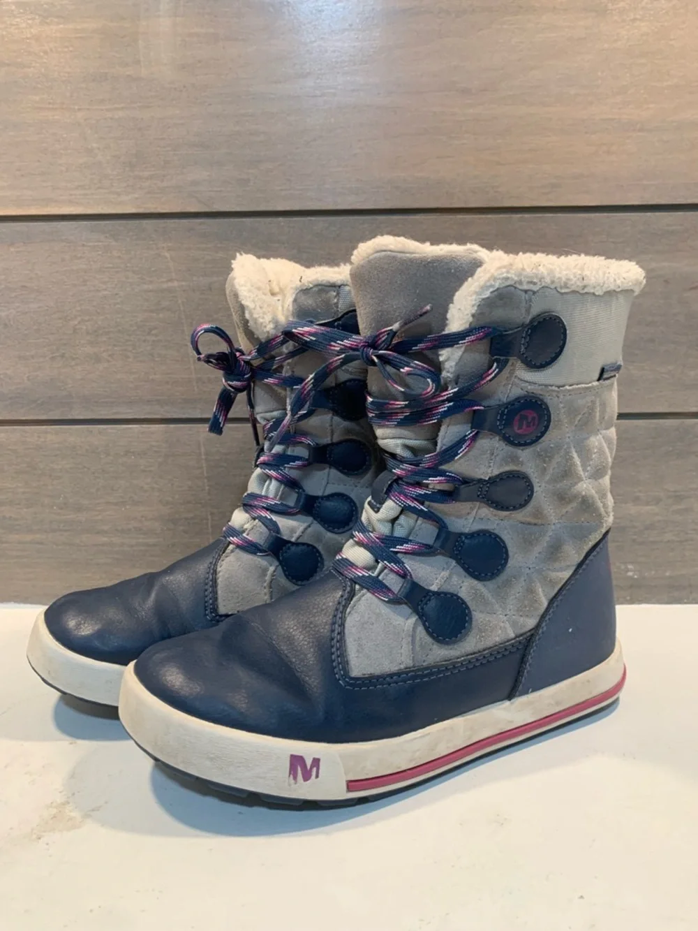 Merrell Kids Heidi Waterproof Boots Gray & Navy Sz 3 Winter Snow Quilted Casual